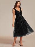A-Line V-Neck Appliques Sleeveless Empire-Waist Wedding Guest Dress