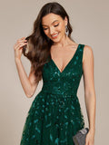A-Line V-Neck Appliques Sleeveless Empire-Waist Wedding Guest Dress