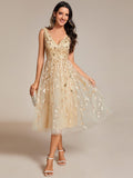 A-Line V-Neck Appliques Sleeveless Empire-Waist Wedding Guest Dress