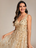 A-Line V-Neck Appliques Sleeveless Empire-Waist Wedding Guest Dress