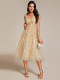 A-Line V-Neck Appliques Sleeveless Empire-Waist Wedding Guest Dress