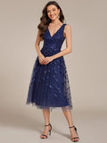 A-Line V-Neck Appliques Sleeveless Empire-Waist Wedding Guest Dress