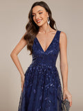 A-Line V-Neck Appliques Sleeveless Empire-Waist Wedding Guest Dress