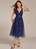 A-Line V-Neck Appliques Sleeveless Empire-Waist Wedding Guest Dress