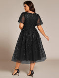 Sparkly A-Line Short Sleeves Tulle Appliques Formal Wedding Guest Dress
