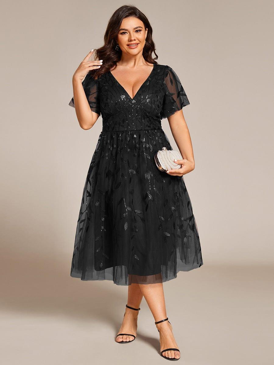 Sparkly A-Line Short Sleeves Tulle Appliques Formal Wedding Guest Dress