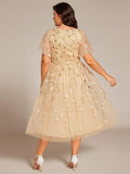 Sparkly A-Line Short Sleeves Tulle Appliques Formal Wedding Guest Dress