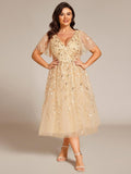 Sparkly A-Line Short Sleeves Tulle Appliques Formal Wedding Guest Dress