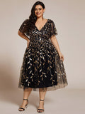 Sparkly A-Line Short Sleeves Tulle Appliques Formal Wedding Guest Dress