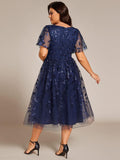 Sparkly A-Line Short Sleeves Tulle Appliques Formal Wedding Guest Dress