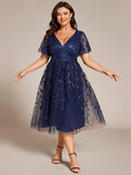 Sparkly A-Line Short Sleeves Tulle Appliques Formal Wedding Guest Dress