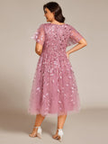 Sparkly A-Line Short Sleeves Tulle Appliques Formal Wedding Guest Dress