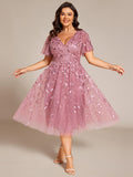 Sparkly A-Line Short Sleeves Tulle Appliques Formal Wedding Guest Dress