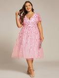 Sparkly A-Line Short Sleeves Tulle Appliques Formal Wedding Guest Dress