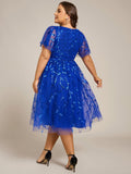 Sparkly A-Line Short Sleeves Tulle Appliques Formal Wedding Guest Dress
