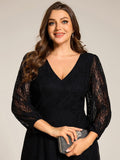 Plus Size Long Sleeves A-Line V-Neck Lace Wedding Guest Dress