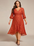 Plus Size Long Sleeves A-Line V-Neck Lace Wedding Guest Dress