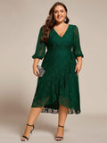 Plus Size Long Sleeves A-Line V-Neck Lace Wedding Guest Dress