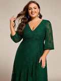 Plus Size Long Sleeves A-Line V-Neck Lace Wedding Guest Dress
