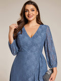 Plus Size Long Sleeves A-Line V-Neck Lace Wedding Guest Dress