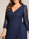 Plus Size Long Sleeves A-Line V-Neck Lace Wedding Guest Dress