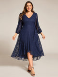 Plus Size Long Sleeves A-Line V-Neck Lace Wedding Guest Dress