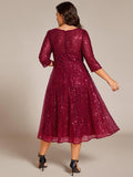 Plus Size 3/4 Sleeve A-Line Round Neck Sequin Pleated Wedding Guest Dress