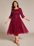 Plus Size 3/4 Sleeve A-Line Round Neck Sequin Pleated Wedding Guest Dress