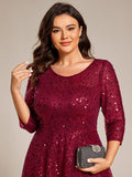 Plus Size 3/4 Sleeve A-Line Round Neck Sequin Pleated Wedding Guest Dress