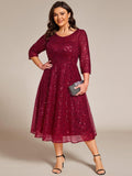 Plus Size 3/4 Sleeve A-Line Round Neck Sequin Pleated Wedding Guest Dress