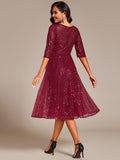 Sparkly A-Line Sequin Round Neck Wedding Guest Dress with 3/4 Sleeves