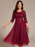 Sparkly A-Line Sequin Round Neck Wedding Guest Dress with 3/4 Sleeves