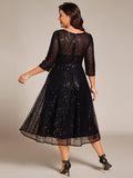 Plus Size 3/4 Sleeve A-Line Round Neck Sequin Pleated Wedding Guest Dress