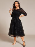 Plus Size 3/4 Sleeve A-Line Round Neck Sequin Pleated Wedding Guest Dress