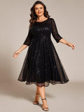 Plus Size 3/4 Sleeve A-Line Round Neck Sequin Pleated Wedding Guest Dress