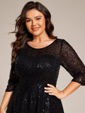 Plus Size 3/4 Sleeve A-Line Round Neck Sequin Pleated Wedding Guest Dress