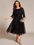 Plus Size 3/4 Sleeve A-Line Round Neck Sequin Pleated Wedding Guest Dress