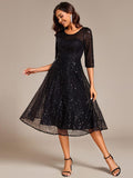 Sparkly A-Line Sequin Round Neck Wedding Guest Dress with 3/4 Sleeves