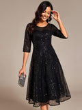 Sparkly A-Line Sequin Round Neck Wedding Guest Dress with 3/4 Sleeves