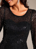 Sparkly A-Line Sequin Round Neck Wedding Guest Dress with 3/4 Sleeves