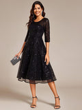 Sparkly A-Line Sequin Round Neck Wedding Guest Dress with 3/4 Sleeves