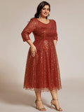 Plus Size 3/4 Sleeve A-Line Round Neck Sequin Pleated Wedding Guest Dress