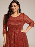 Plus Size 3/4 Sleeve A-Line Round Neck Sequin Pleated Wedding Guest Dress