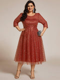 Sparkly A-Line Sequin Round Neck Wedding Guest Dress with 3/4 Sleeves
