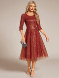 Sparkly A-Line Sequin Round Neck Wedding Guest Dress with 3/4 Sleeves