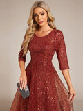 Sparkly A-Line Sequin Round Neck Wedding Guest Dress with 3/4 Sleeves