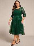 Sparkly A-Line Sequin Round Neck Wedding Guest Dress with 3/4 Sleeves