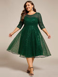 Plus Size 3/4 Sleeve A-Line Round Neck Sequin Pleated Wedding Guest Dress