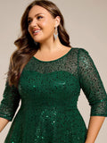 Plus Size 3/4 Sleeve A-Line Round Neck Sequin Pleated Wedding Guest Dress