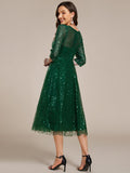 Sparkly A-Line Sequin Round Neck Wedding Guest Dress with 3/4 Sleeves